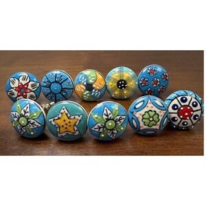10Pc Hand Painted Ceramic Drawer Knobs Eclectic Floral Star Cabinet Pulls